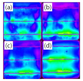 EL of the micro-textured cells before (a) and after electron beam irradiation for (b) 60 keV, (c) 70 keV, (d) 80 keV. As an increases of the energy, the light emission is improved