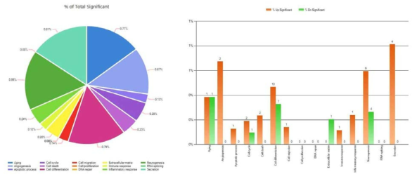 Gene expression profiling through RNA Sequencing assay using total RNA from mouse Cavernous pericytes after cultured under normal-glucose and high-glucose condition for 2 days. (left) Genes with >1.5-fold up-regulation or down-regulation are shown. Analysis of putative gene function for relevant genes regulated by High-glucose condition (30 mmol) by using the gene ontology and clustering tool revealed enrichment for genes associated with Aging, Angiogenesis, cell cycle, cell death, cell differentiation, cell migration, Extracellur matrix, Immune response, Inflammatore response, neurogenesis and secretion. (right) The percent of genes and relative proportion in each category of gene classification