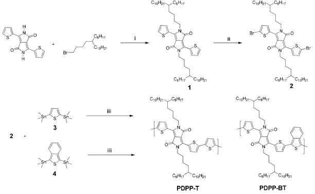 Chemical structures and detailed synthetic routes of the designed CPs. (i) K2CO3,anhydrousDMF,120°C,24hours;(ii)N-bromosuccinamide,CHCl3,0°C,overnight;(iii)Pd2dba3,P(o-t oyl)3,toluene,110°C,24hours