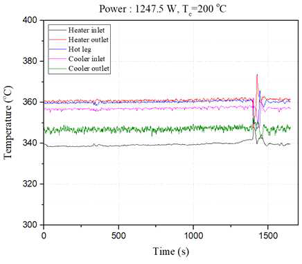 인가 출력 1247.5 W에서의 시간에 따른 온도 측정값