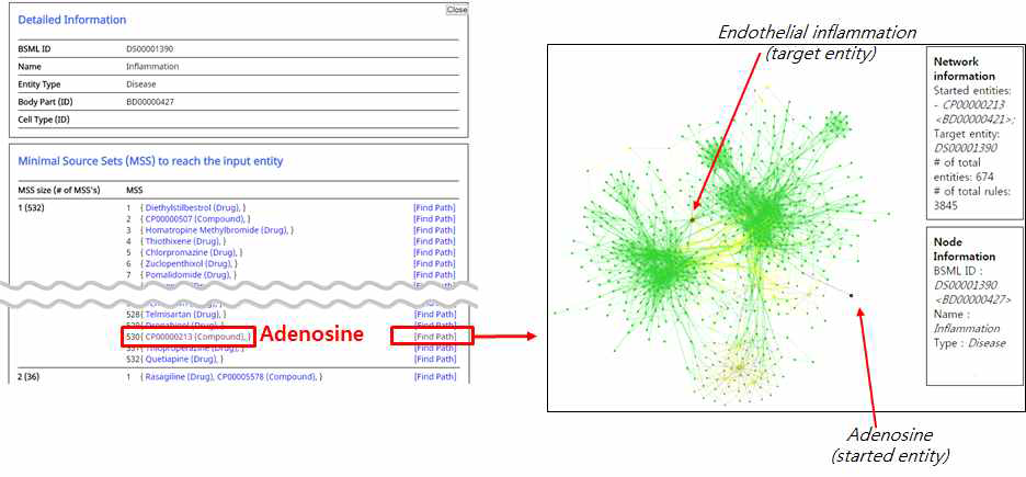MIS에서 질환(inflammation)과 성분 조합({Adenosine}) 사이의 작용기전 시각화