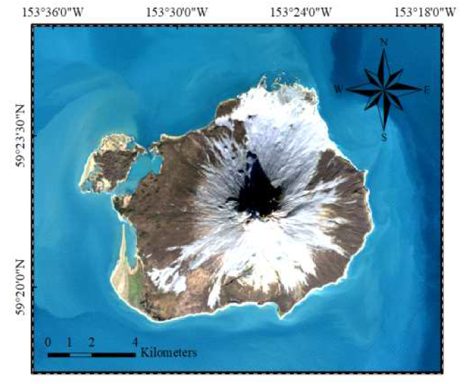어거스틴 화산 위치 (Landsat 8 위성 영상)