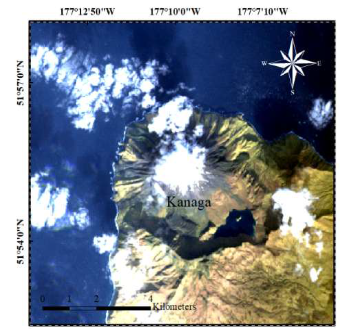 카나가 화산 위치 (Landsat 8 위성 영상)