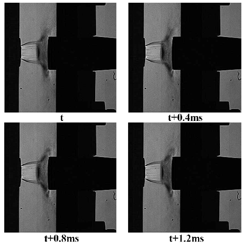X=10 mm 조건에서 노즐(왼쪽)과 공진관 사이 유동 구조의 시간에 따른 변화