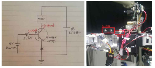좌측 – 트랜지스터를 활용한 배선도, 우측 – 로봇에 회로 구현