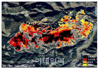국립산림과학원에서 작성된 NDVI 지표 기반 산불 피해 심각도 분류 결과(박진환, 2017)