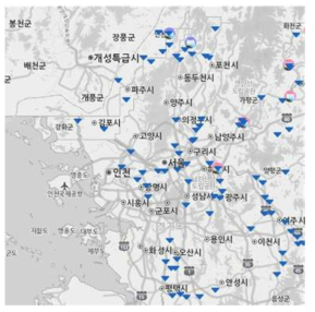 경기도 일대의 수문관측시설 분포 (국가가뭄정보분석센터, 2018)