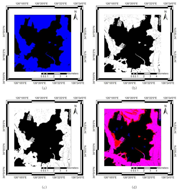 (a) 참조 데이터(파란 영역: 수계 지역); (b) 4월 19일 수계 지역 추출 결과; (c) 6월 18일 수계지역 추출 결과(흰 영역: 수계 지역); (d) 수계 지역 추출 결과 비교(4월 19일 수계- 6월 18일 수계 순서대로 R- B 색상 조합)