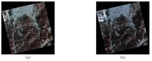 2009년 4월 대전 식장산 산불 피해 지역의 수집 데이터 (a) KOMPSAT- 2(2009.03.15), (b) KOMPSAT- 2(2009.04.12.)