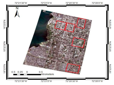 연구 대상지인 아이티 포르토프랭스 지역(붉은색 사각형 내부가 지진피해 분석 대상지)