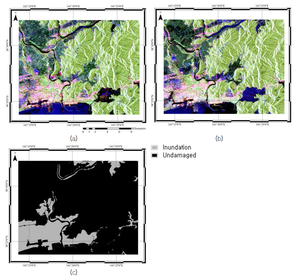 실험 지역 (a) 재해 발생 전 다중편파 Pauli RGB 영상(2010.11.21.), (b) 재해 발생 후 다중편파 Pauli RGB 영상(2011.04.08.), (c) 참조자료로 이용된 이시노마키 지역의 쓰나미 침수(inundation) 지도