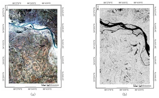 연구 데이터 (a) 홍수 전 Landsat- 8 (2015.03.11.), (b) 홍수 후 KOMPAT- 5 (2015.08.10)