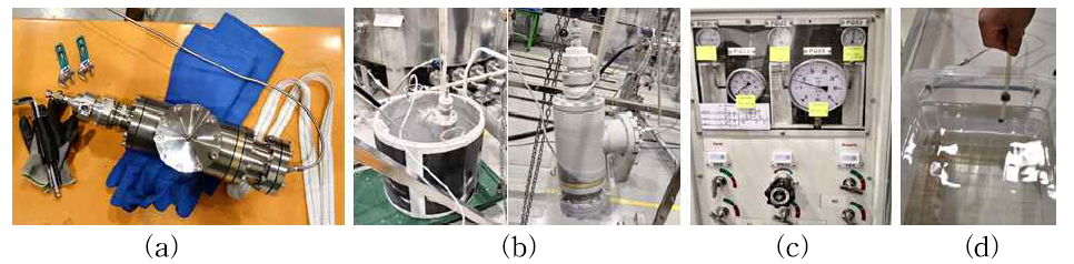 4인치 극저온 고압개폐밸브 기밀시험 (a) 시제품 기밀시험 (b) 액체 질소 장입 전 후 (c) He 80bar (d) 기밀 확인