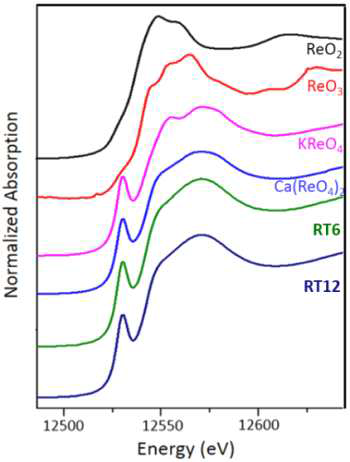 RT6, RT12 유리와 기준시료의 Re L1-edge XANES spectra