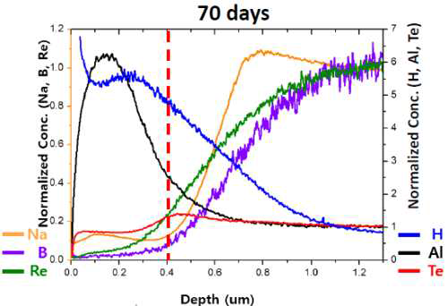 70일간 침출한 텔루라이트 유리 표면의 ToF-SIMS 분석 결과