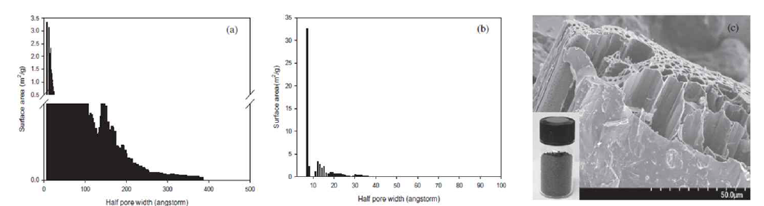 Pore size distribution and specific surface area of (a) RSBC powder and (b) RSBC beads, and (c) SEM image of the RSBC beads (inset: photograph of RSBC