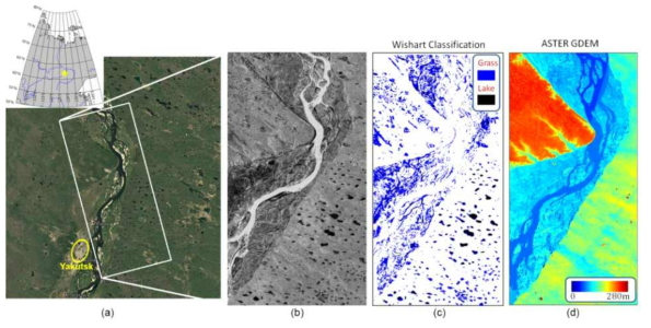 (a) 레나강 유역 연구 지역, (b) PALSAR 자료, (c) PALSAR를 이용한 초지와 호수지역 분류 결과, (d) ASTER DEM