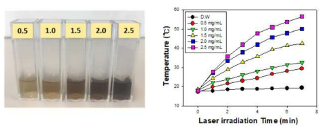 농도별로 제조한 melanin-PEG 컨쥬게이트 나노입자 사진과 레이저 조사 후 온도 상승 그래프