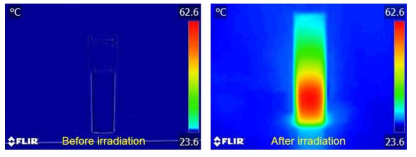 Melanin 함유 PEO-PPO-PEO block 공중합체 용액의 열적외선 카메라 사진. 레이저 조사하기 전 (왼쪽사진)과 808 nm의 레이저를 1.5 W/cm2의 세기로 조사하고 10분후 열적외선 카메라 촬영 영상 (오른쪽 사진)임