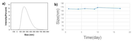 멜라닌 함유 리포좀의 (a) 입도분석결과와 (b) 시간에 따른 입도크기 변화