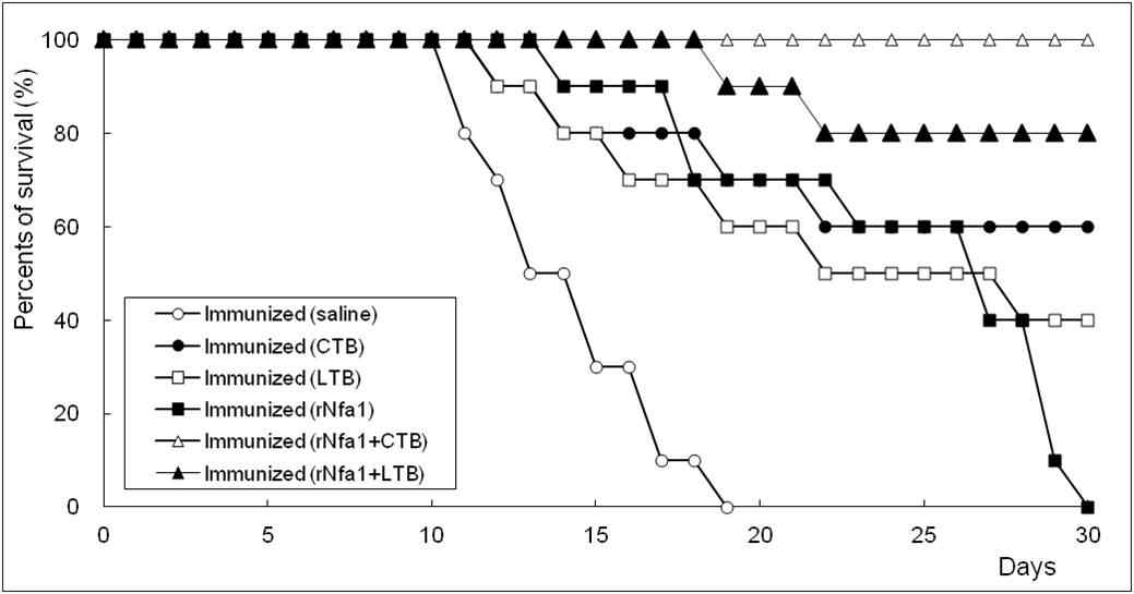 Survival curves of immunized mice after N. fowleri infection. The mice were intranasally challenged with 1×104 N. fowleri trophozoites at 2 weeks after last immunization and observed for mortality. Immunized (saline) was used as control group