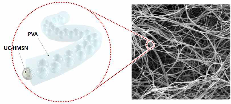전기방사기법를 이용한 UC-HMSN이 담지된 PVA nanofiber의 제조에 관한 모식도