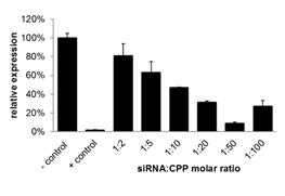 LKH stEK 펩타이드를 이용한 siGenome의 세포 내 전달. a) siRNA와 CPP의 몰비율에 따른 타겟 유전자의 발현정도. siRNA는 50 nM로 고정하였고, 이를 펩타이드를 이용하여 세포 내로 전달하여 24시간 배양하였을 때의 유전자의 발현 정도를 qRT-PCR로 확인하였음. b) siRNA의 농도에 따른 타겟 유전자의 발현 정도. siRNA:CPP의 비율을 1:50으로 고정하고, siRNA의 농도를 6.25–100 nM로 변화시켜 타겟 유전자의 발현정도를 확인함