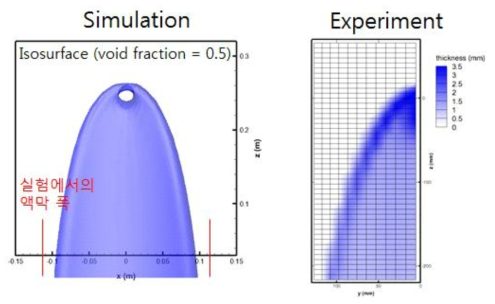 계산된 액막 유동과 실험 측정값의 비교 (곡면 시험부)
