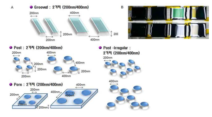 8가지 재선정 나노 패턴 멤브레인의 모식도 (A) 및 몰드 (B)