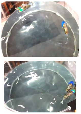 (a) 로봇 지느러미의 움직임을 리드 래그 (mark1 : 녹색 로봇 물고기, 마크 3 : 검은 로봇 물고기)에 적용하기 전에, (b) 리드 래그를 적용한 후 로봇 물고기