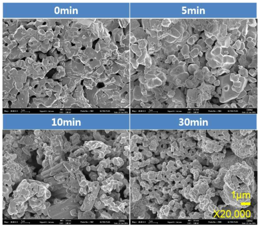 SEM images of reduced Nd2O3-NiO mixed oxide pellet with various electrolysis time