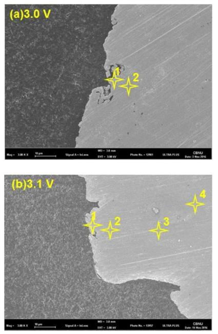 SEM images of Pt electrode surface after chronoamperometry for 20min at (a) 3.0 V and (b) 3.1 V anodic potential in molten LiCl containing 1 wt.% of LiI