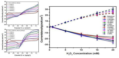 0.1M HClO4 + 1mM~1M H3PO4 H2O2 Reaction Current변화