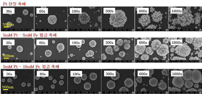-0.15V (vs. Ag/AgCl in 3M KCl)에서 다양한 도금 시간에 따라 전착한 Pt 단일 촉매 및 PtFe 합금 촉매의 FE-SEM 이미지