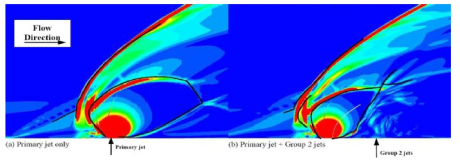 Visual comparison of the Schlieren picture with the flowfield features from the CFD solution on the plane of symmetry