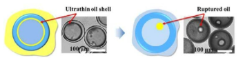 물/오일/물/오일 삼중 액적에서의 광중합 (좌), 재분산 및 오일막 제거를 통한 스마트 캡슐 형성 (우)
