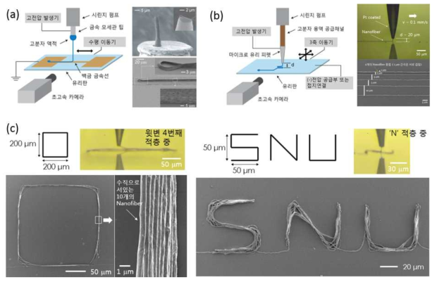 줄기 모사 구조 제작 기술. (a) 패턴기반 전기 방사 기술. (b) 직접적층 기술. (c) 직접적층 기술을 이용한 미세 섬유 패터닝