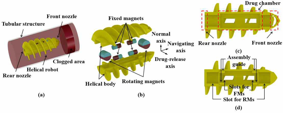 (a) 제안된 로봇의 개념도 (b) 로봇의 구조 (c) 로봇의 노즐 및 약물 chamber (d) 자석 삽입을 위한 슬롯 및 조립을 위한 가이드