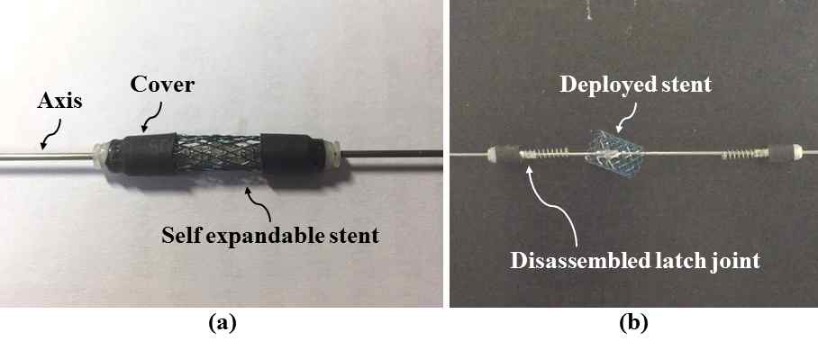 (a) 조립된 스텐트 전달용 치료모듈 시제품 (b) 외부자기장을 인가하여 선택적으로 전달된 자가팽창형 스텐트