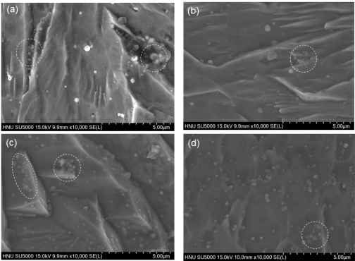 SEM microstructures revealing particle distribution of the deposition layers after laser deposition with 200W laser power; scan speed of (a) 4 mm/s, (b) 8 mm/s, (c) 12 mm/s, and (d) 16 mm/s, respectively