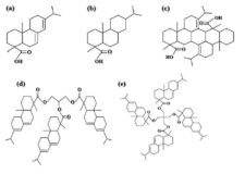 Modified rosin, (a) abietic acid, (b) MR1 (partial hydrogenation) (c) MR2 (partial dimerization), (d) MR3 (rosin tri-ester), (e) MR4 (rosin tetra-ester)