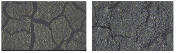 코팅 방식에 따른 촉매 대비 10wt% PVDF가 들어있는 전극 표면 비교[비디오 현미경 사진; ×850]; Bar coating-왼쪽, Screen printing-오른쪽