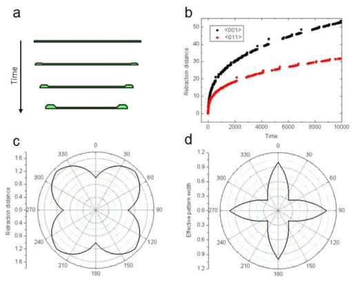 Simulation을 통한 Fe 패턴 형성 예측 a. 시간에 따른 패턴 변화 b. 시간에 따른 retraction distance 변화 c. 방향에 따른 edge retraction distance 계산 결과 d. 방향에 따른 패턴 width 계산 결과