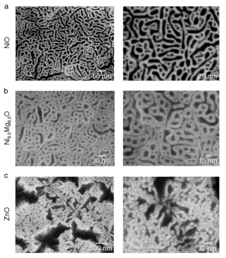 수용성 SAO　상을 선택적으로 용해시킨 후의 다공성 박막 및 나노 구조체　배열의 주사 전자 현미경 (SEM) 이미지. STO (001) 기판 위에 성장 된 산화물 복합체 박막을 물에 침지시키고 건조시킨 후 생성 된 다공성 박막의 상부 SEM 이미지: (a) NiO-SAO 산화물 복합체 박막. (b) Ni0.5Mg0.5O-SAO 산화물 복합체 박막. (c) ZnO-SAO 산화물 복합체 박막