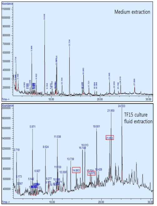 살조 고효율 균주 TF15의 배양액 추출 물질 GC-MSD 분석 결과