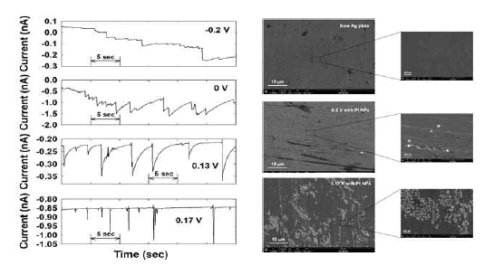 은(Ag) 극미세전극을 이용한 백금 나노입자의 충돌신호 관찰(좌) 및 은 극미 세전극의 표면 전자현미경사진(우)