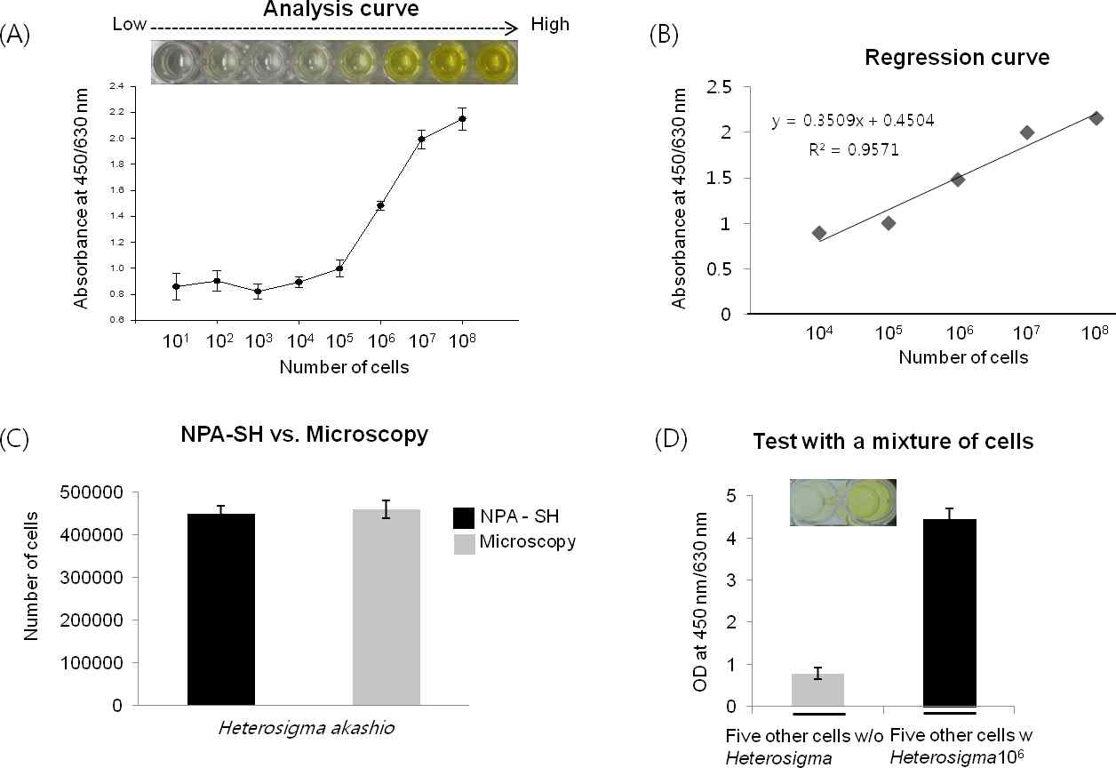 H. akashio NPA 탐침에 대한 민감도 및 특이성 측정 결과 (A) H. akashio NPA 민감도 측정 그래프, (B) 회귀곡선 (regressioncurve) 측정, (C) NAP-SH vs Microscopy 측정결과 비교 그래프, (D) 미세조류들의 혼합 형태에서의 H. akashio NPA의 특이성 반응 결과