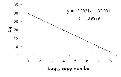 qRT-PCR 결과 얻은 Cq 값과 copy number와의 상관관계 분석