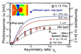 소스 지름 (dS)에 따른 THz 반응도와 극대화된 소스 나노-프로브 구조의 THz 반응도 전산모사 결과 (inset)