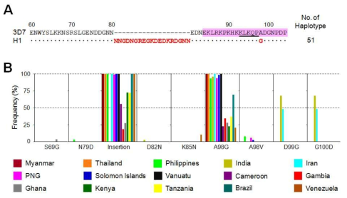 PfCSP N-말단의 아미노산 변이 분석. (A) 미얀마 PfCSP N-말단부위 아미노산 변이 분석, (B) 전 세계 PfCSP N-말단 아미노산 변이 비교 분석